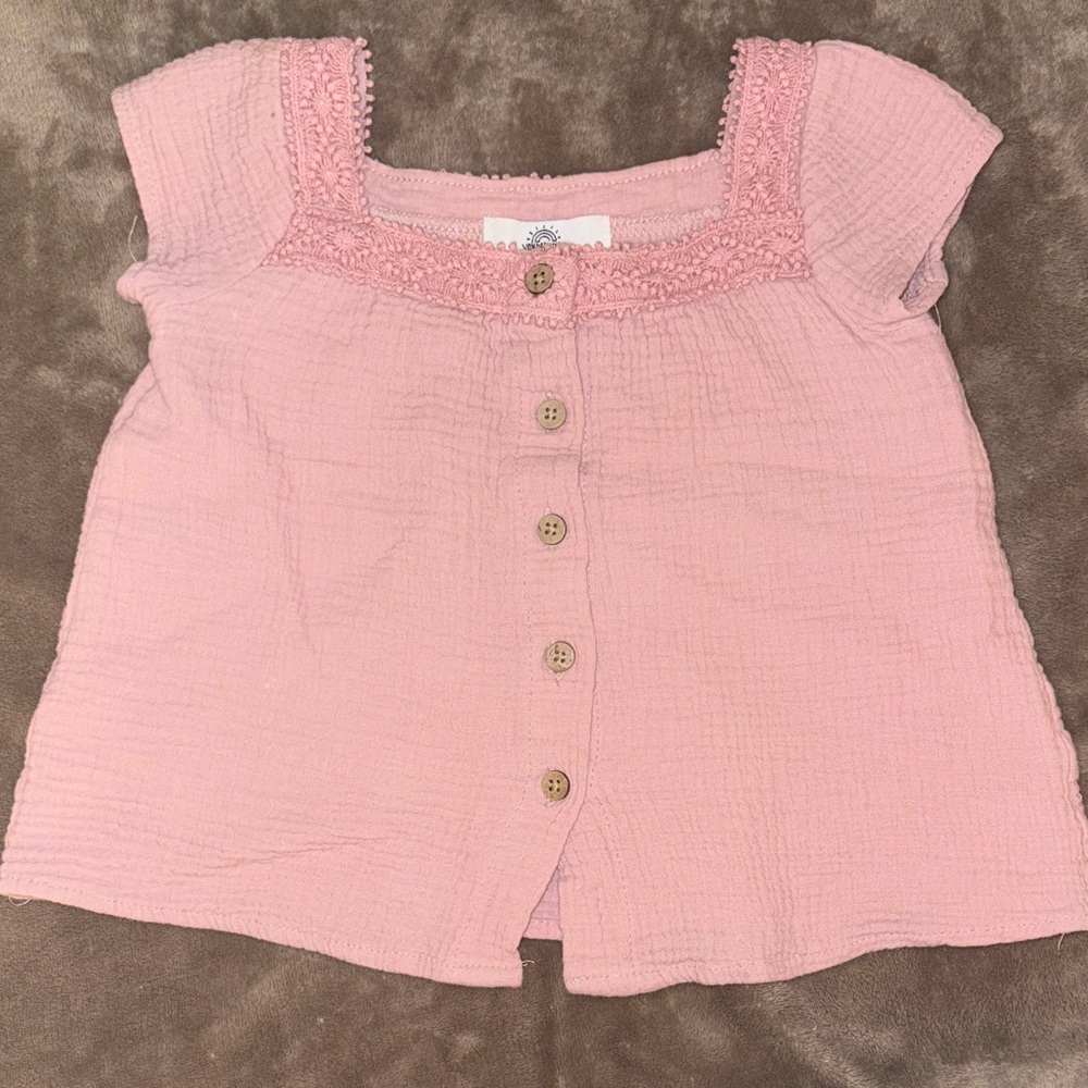 Girls' Pink Button-Front Top with Crochet Square Neck